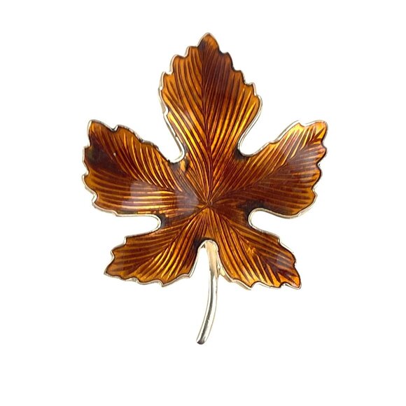 Vintage Brown Enamel Maple Leaf Brooch Pin Gold Tone Metal Elegant Fall Jewelry - Picture 3 of 6